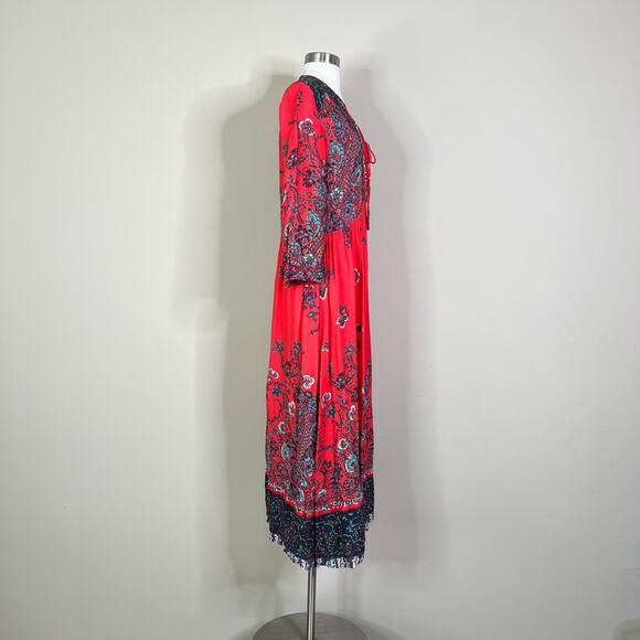 Free People | If Only You Knew Red Floral Slit Flowy Boho Maxi Dress EUC XS - Picture 6 of 12